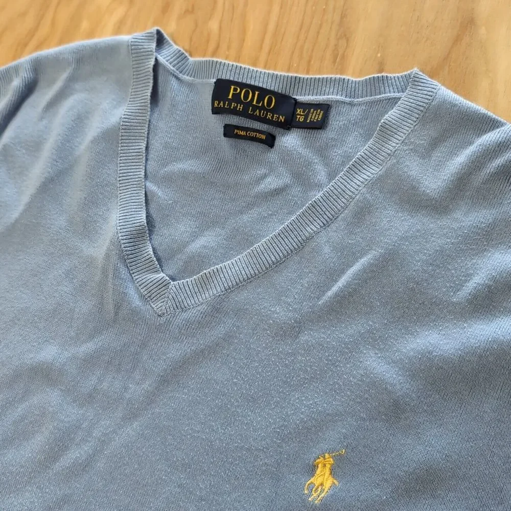 Polo Ralph Lauren Pima‎ V-Neck Sweater Men's XL Baby Blue Long Sleeve